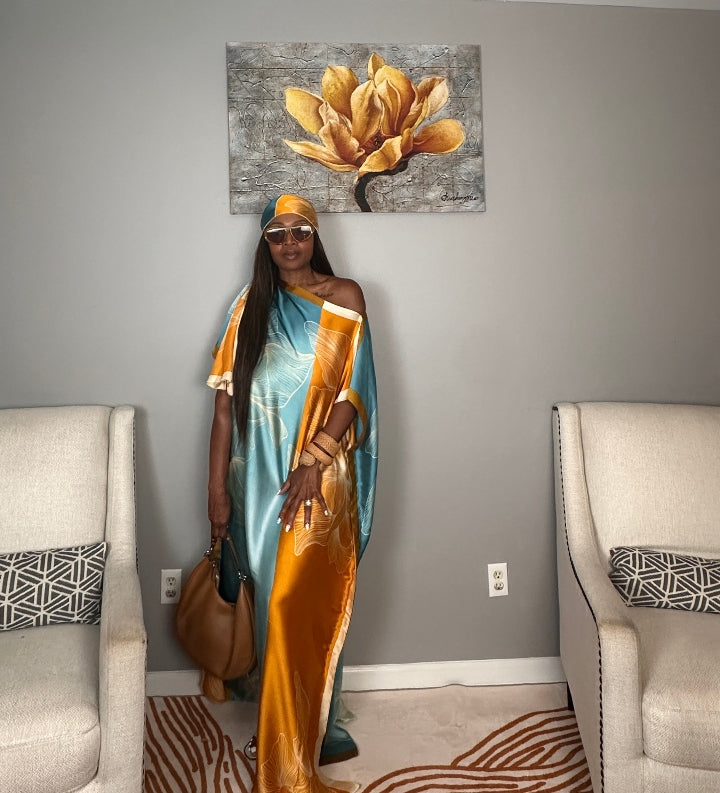 Vacation Vibes Kaftan Maxi Dress with Matching Scarf  -  Copper Orange Turquoise Cream