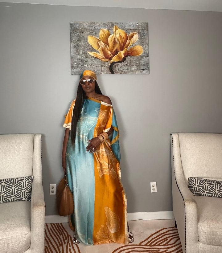 Vacation Vibes Kaftan Maxi Dress with Matching Scarf  -  Copper Orange Turquoise Cream