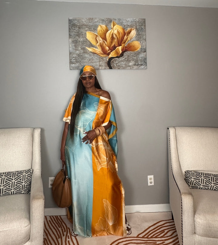 Vacation Vibes Kaftan Maxi Dress with Matching Scarf  -  Copper Orange Turquoise Cream