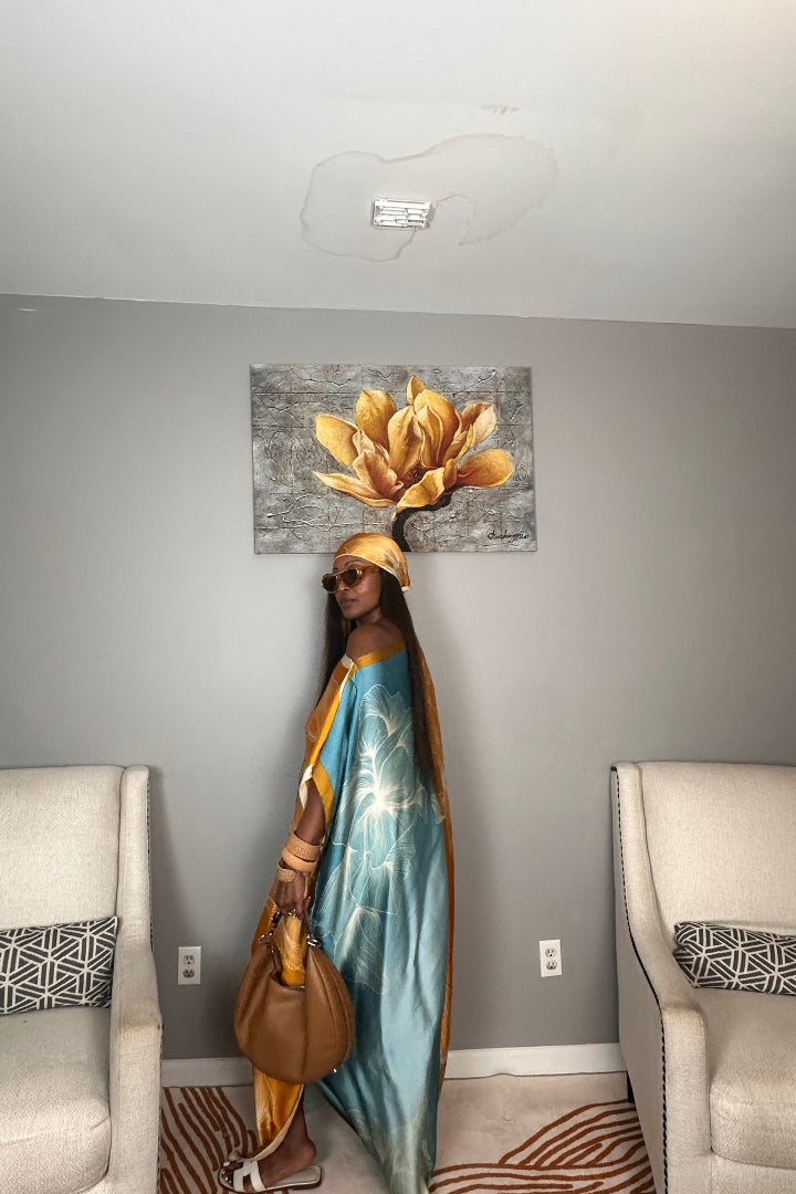 Vacation Vibes Kaftan Maxi Dress with Matching Scarf  -  Copper Orange Turquoise Cream