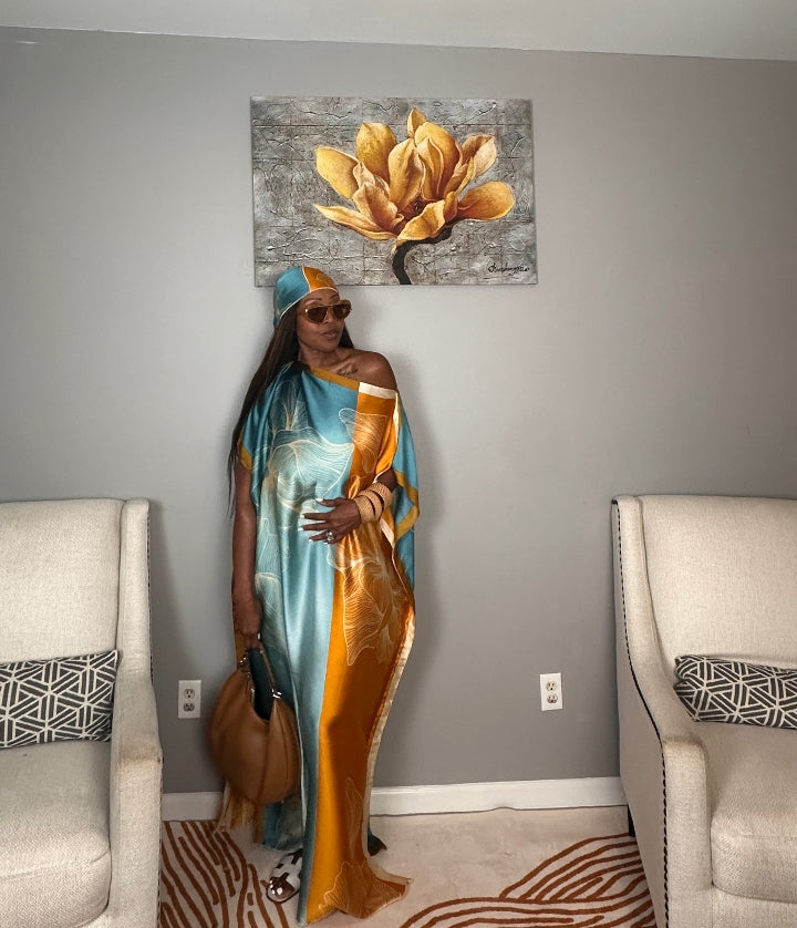 Vacation Vibes Kaftan Maxi Dress with Matching Scarf  -  Copper Orange Turquoise Cream