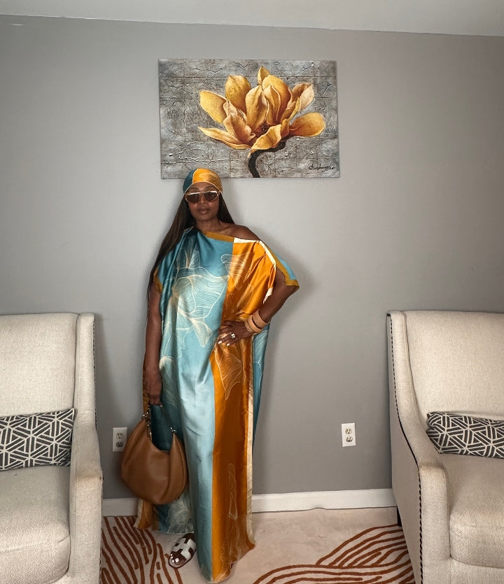 Vacation Vibes Kaftan Maxi Dress with Matching Scarf  -  Copper Orange Turquoise Cream
