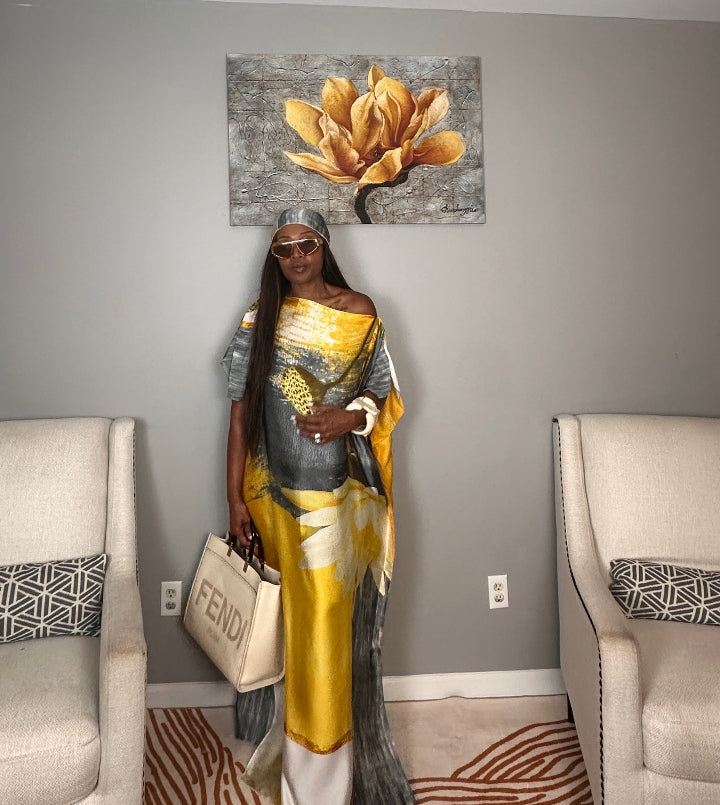 Vacation Vibes Kaftan Maxi Dress with Matching Scarf  -  Gold Silver Black Cream Blend