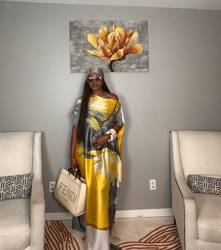 Vacation Vibes Kaftan Maxi Dress with Matching Scarf  -  Gold Silver Black Cream Blend