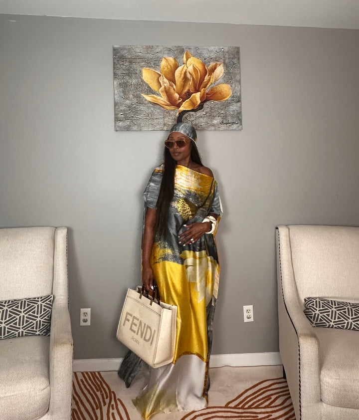 Vacation Vibes Kaftan Maxi Dress with Matching Scarf  -  Gold Silver Black Cream Blend