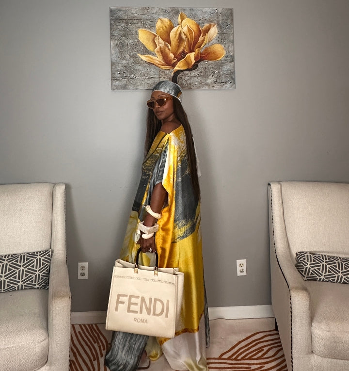Vacation Vibes Kaftan Maxi Dress with Matching Scarf  -  Gold Silver Black Cream Blend