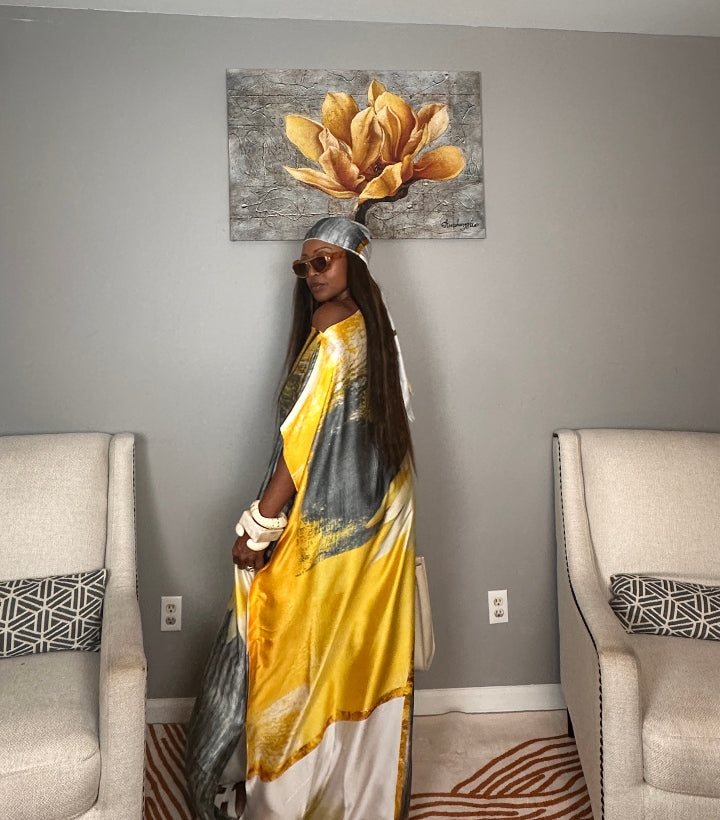 Vacation Vibes Kaftan Maxi Dress with Matching Scarf  -  Gold Silver Black Cream Blend