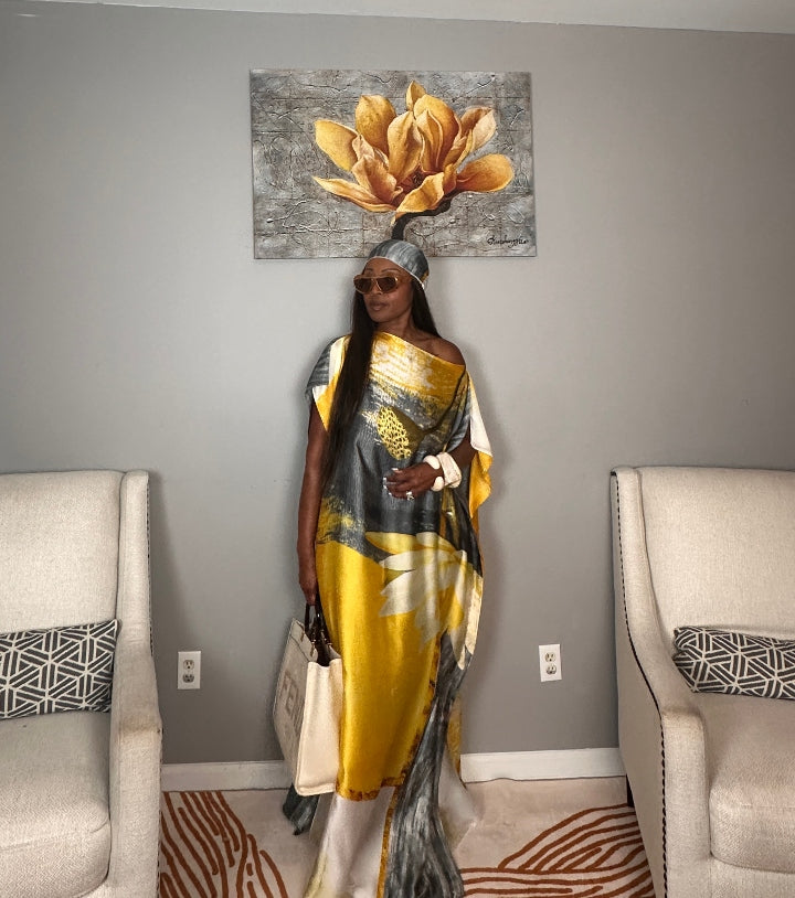 Vacation Vibes Kaftan Maxi Dress with Matching Scarf  -  Gold Silver Black Cream Blend