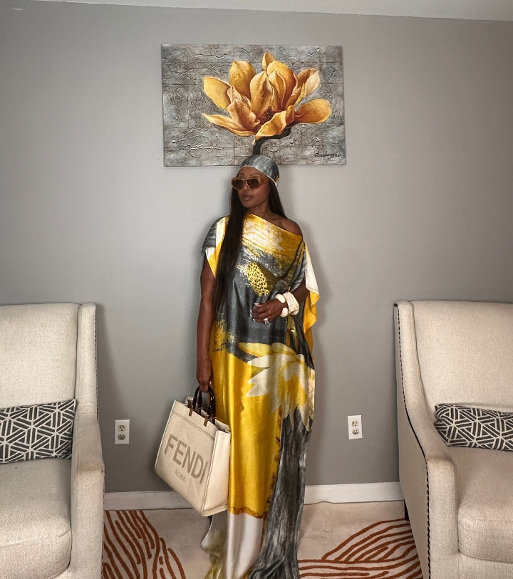 Vacation Vibes Kaftan Maxi Dress with Matching Scarf  -  Gold Silver Black Cream Blend