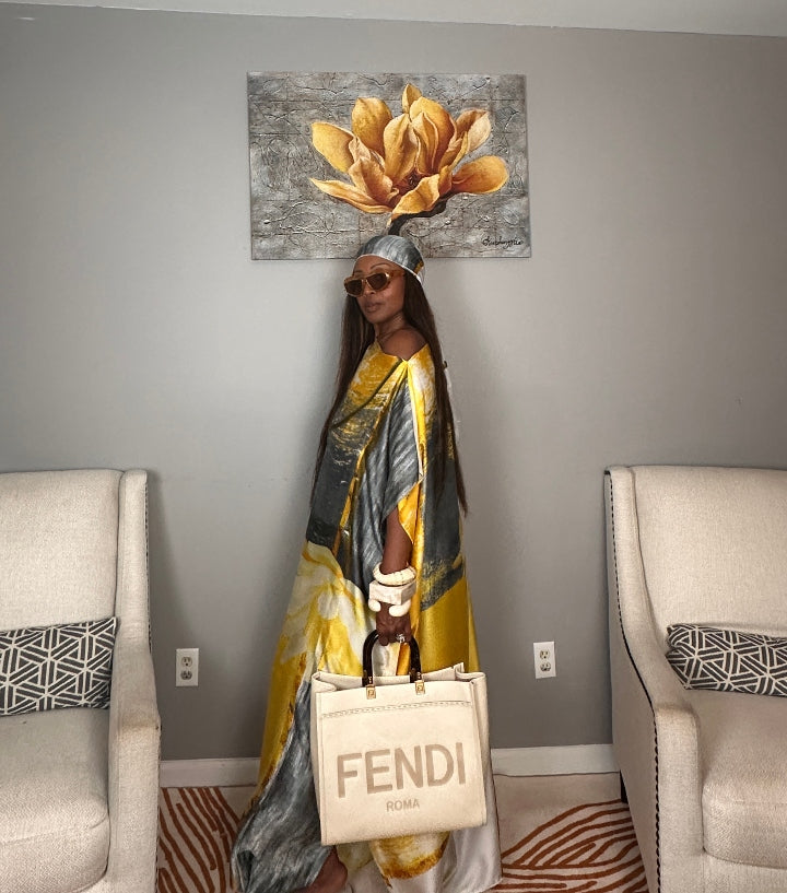 Vacation Vibes Kaftan Maxi Dress with Matching Scarf  -  Gold Silver Black Cream Blend