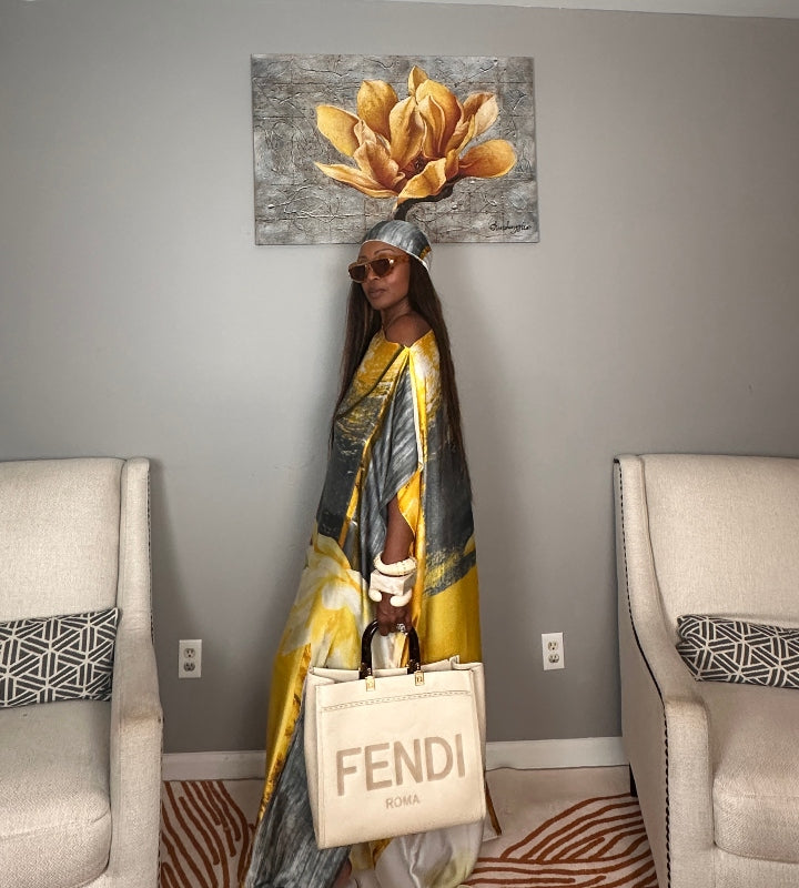 Vacation Vibes Kaftan Maxi Dress with Matching Scarf  -  Gold Silver Black Cream Blend