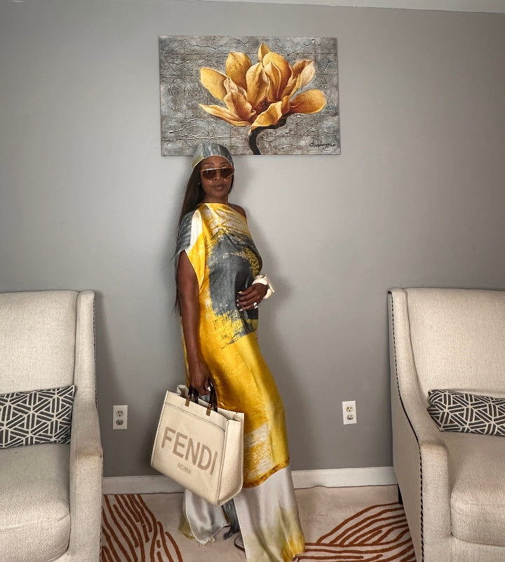 Vacation Vibes Kaftan Maxi Dress with Matching Scarf  -  Gold Silver Black Cream Blend