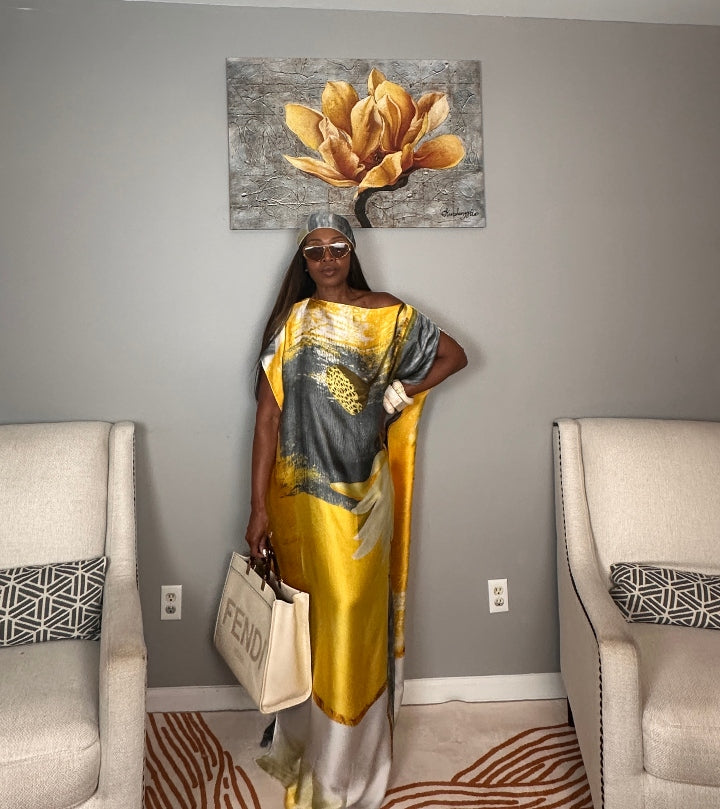 Vacation Vibes Kaftan Maxi Dress with Matching Scarf  -  Gold Silver Black Cream Blend