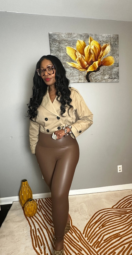 Stretch Faux Leather Leggings - Brown S-XL
