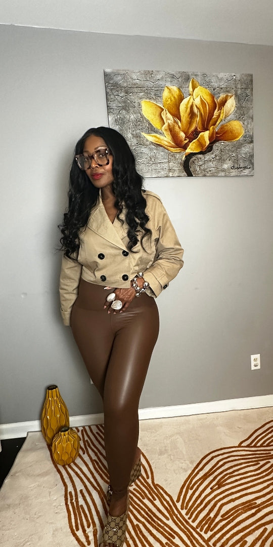 Stretch Faux Leather Leggings - Brown S-XL
