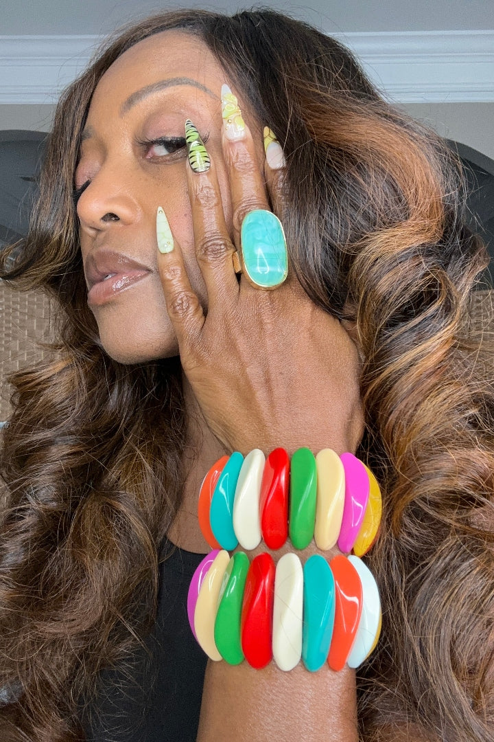 Stretch Colorful Dimensional Bracelet  - Turquoise Ivory Green Red Pink Yellow Blend