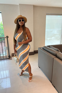 Summer Nights Side Split Midi Dress- Charcoal Grey and Orange Blend