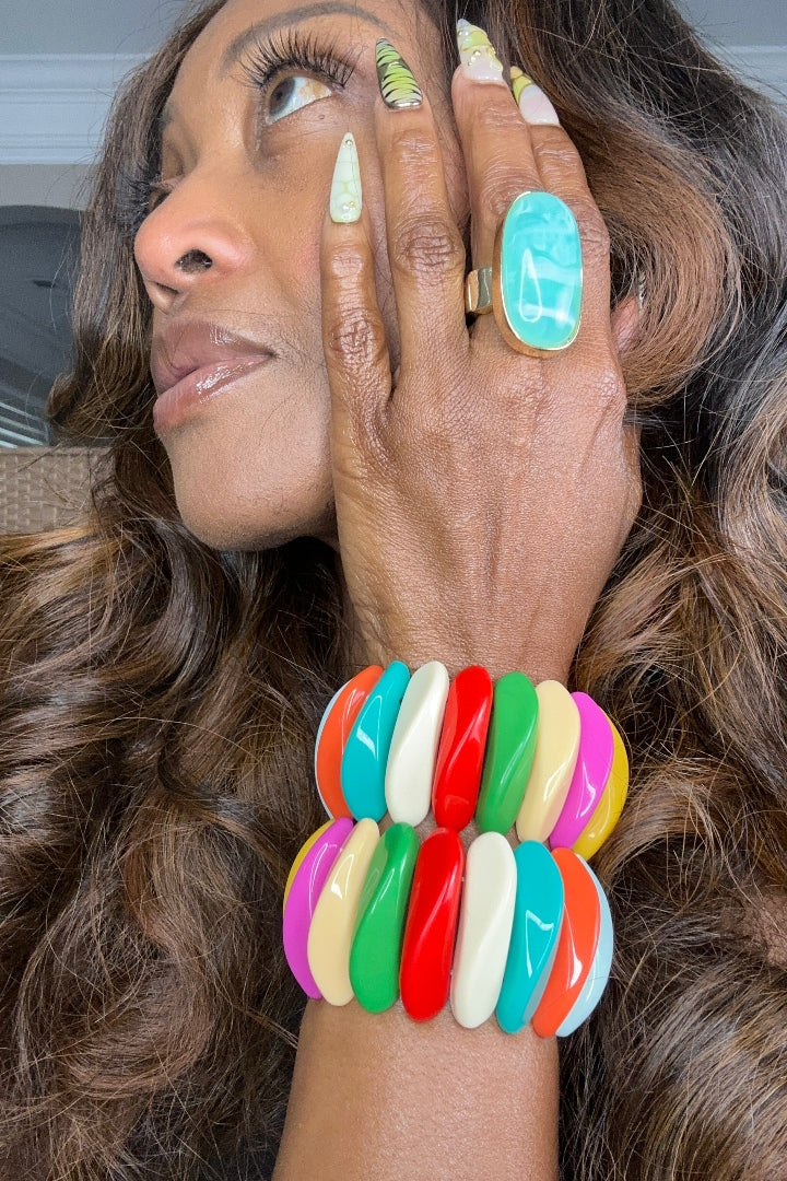Stretch Colorful Dimensional Bracelet  - Turquoise Ivory Green Red Pink Yellow Blend