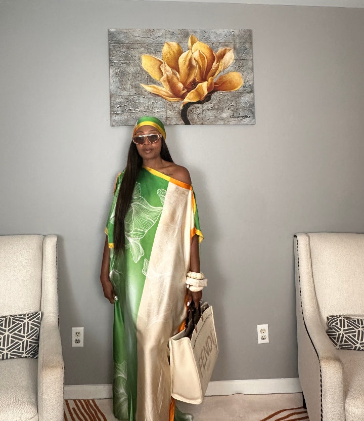 Vacation Vibes Kaftan Maxi Dress with Matching Scarf  -  Emerald Green Cream Orange Yellow Blend