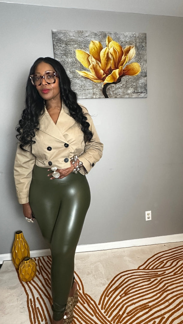 Stretch Faux Leather Leggings - Dark Olive S-XL