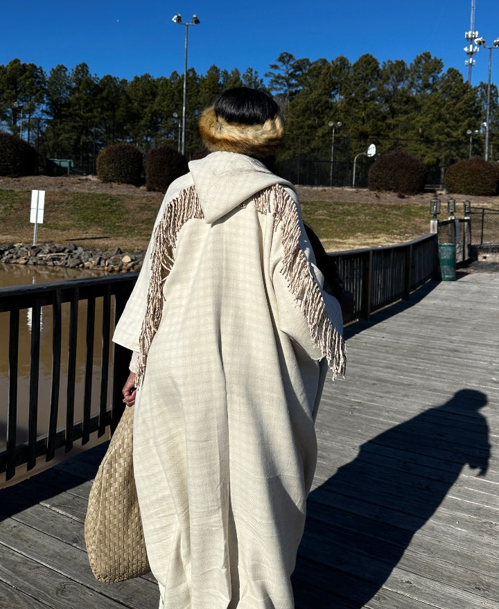 Hooded Winter White Open Front Poncho - Winter White Tan Blend Ships 2/14