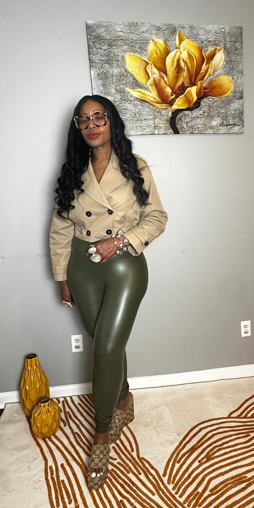Stretch Faux Leather Leggings - Dark Olive S-XL