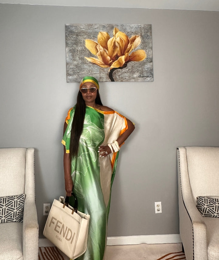Vacation Vibes Kaftan Maxi Dress with Matching Scarf  -  Emerald Green Cream Orange Yellow Blend