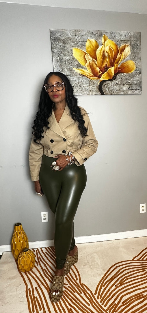 Stretch Faux Leather Leggings - Dark Olive S-XL
