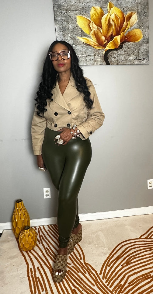 Stretch Faux Leather Leggings - Dark Olive S-XL
