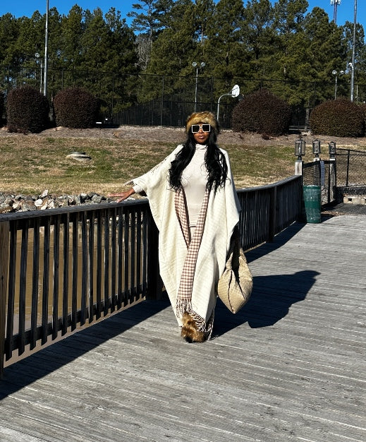 Hooded Winter White Open Front Poncho - Winter White Tan Blend Ships 2/14