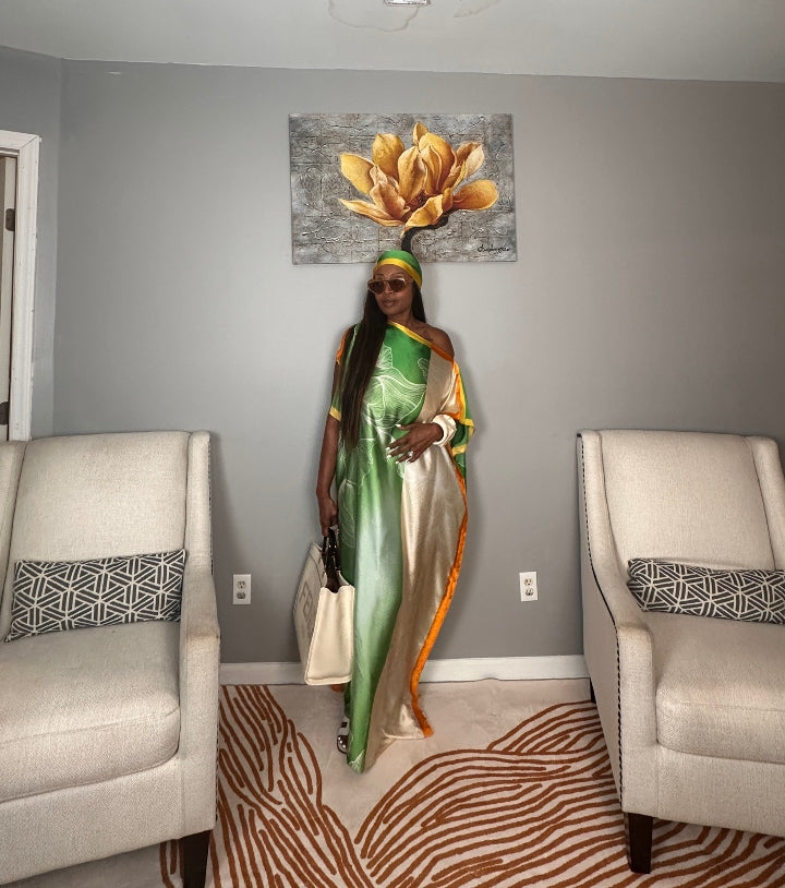 Vacation Vibes Kaftan Maxi Dress with Matching Scarf  -  Emerald Green Cream Orange Yellow Blend