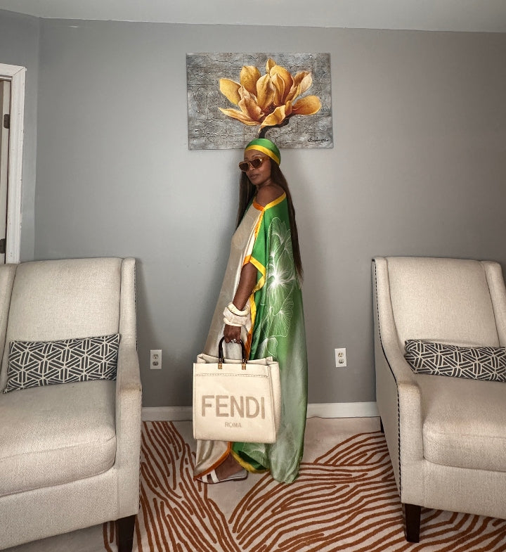 Vacation Vibes Kaftan Maxi Dress with Matching Scarf  -  Emerald Green Cream Orange Yellow Blend