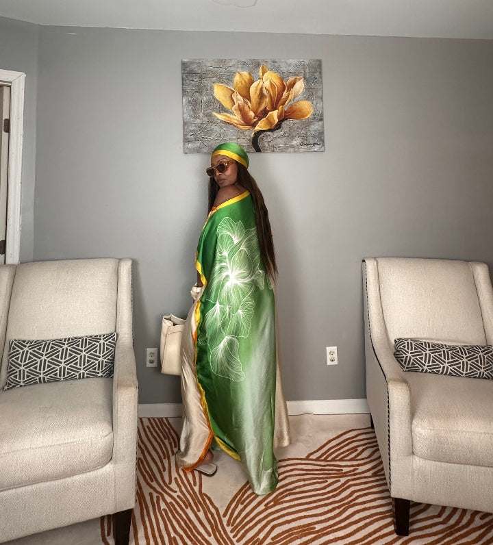 Vacation Vibes Kaftan Maxi Dress with Matching Scarf  -  Emerald Green Cream Orange Yellow Blend