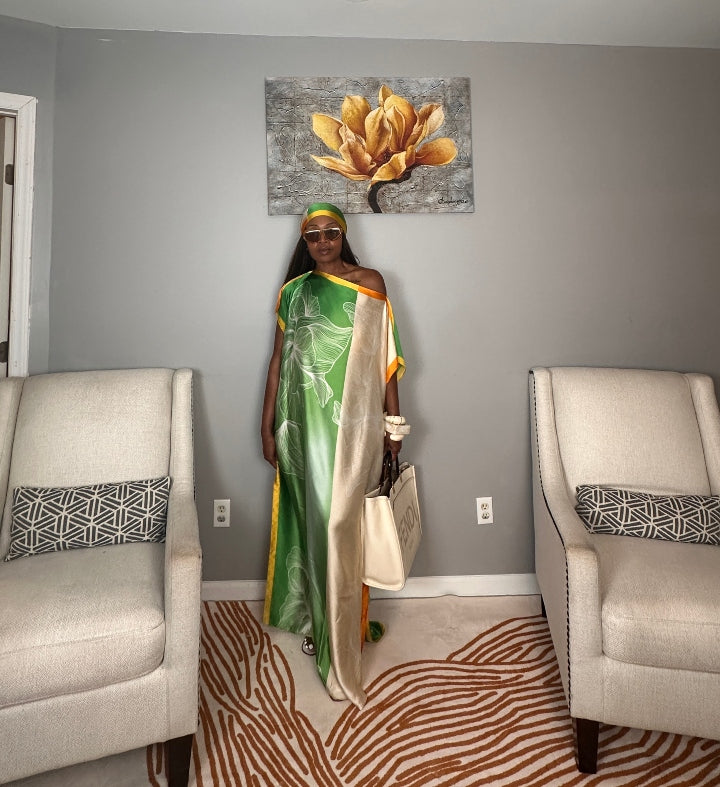Vacation Vibes Kaftan Maxi Dress with Matching Scarf  -  Emerald Green Cream Orange Yellow Blend