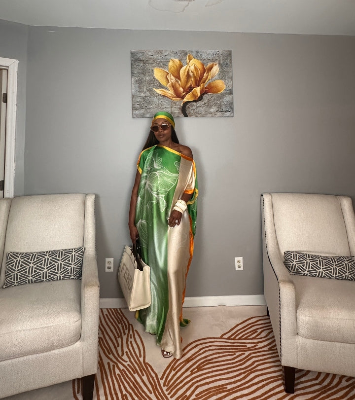 Vacation Vibes Kaftan Maxi Dress with Matching Scarf  -  Emerald Green Cream Orange Yellow Blend