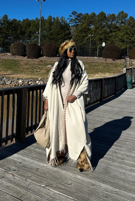 Hooded Winter White Open Front Poncho - Winter White Tan Blend Ships 2/14