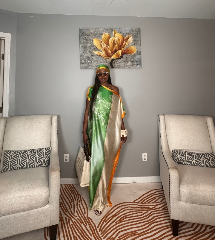 Vacation Vibes Kaftan Maxi Dress with Matching Scarf  -  Emerald Green Cream Orange Yellow Blend