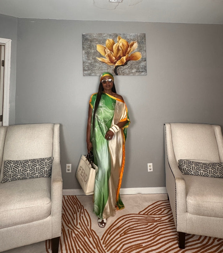 Vacation Vibes Kaftan Maxi Dress with Matching Scarf  -  Emerald Green Cream Orange Yellow Blend