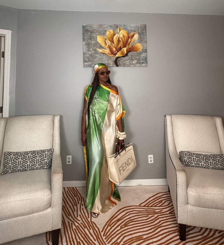 Vacation Vibes Kaftan Maxi Dress with Matching Scarf  -  Emerald Green Cream Orange Yellow Blend