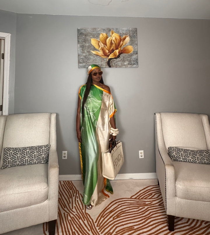 Vacation Vibes Kaftan Maxi Dress with Matching Scarf  -  Emerald Green Cream Orange Yellow Blend