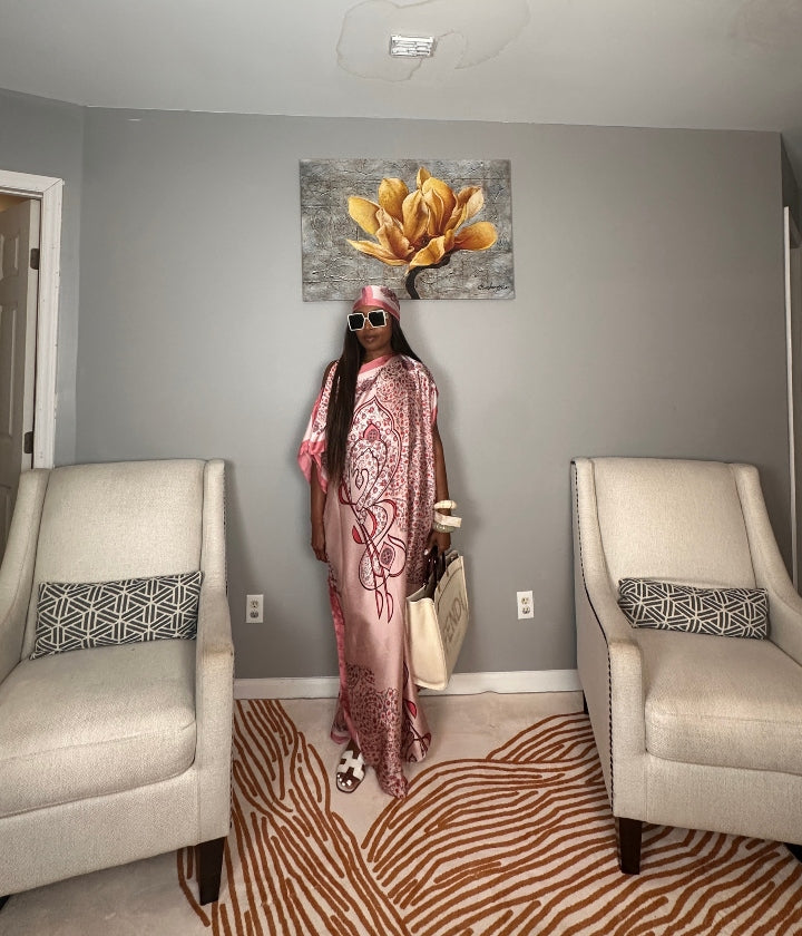 Vacation Vibes Kaftan Maxi Dress with Matching Scarf  -  Pink Green Cream Blend