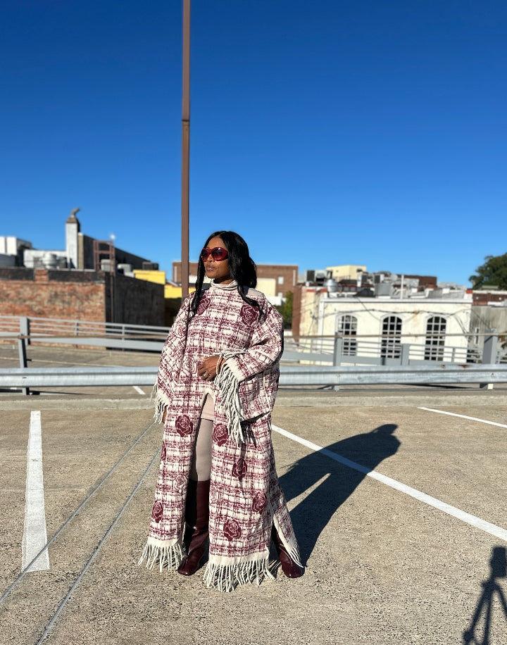 Rich Auntie Winter Fine As Wine Split Kimono Coat - Burgundy Cream Blend Ships 10/30