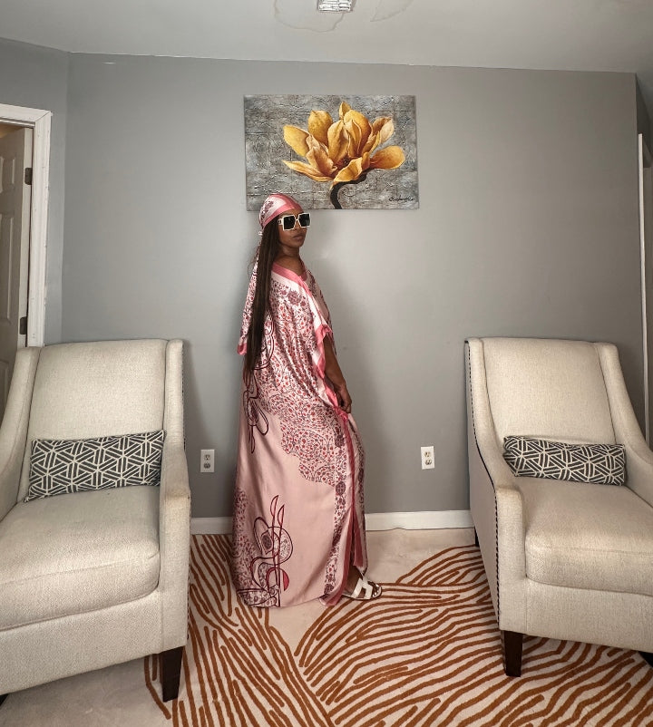 Vacation Vibes Kaftan Maxi Dress with Matching Scarf  -  Pink Green Cream Blend