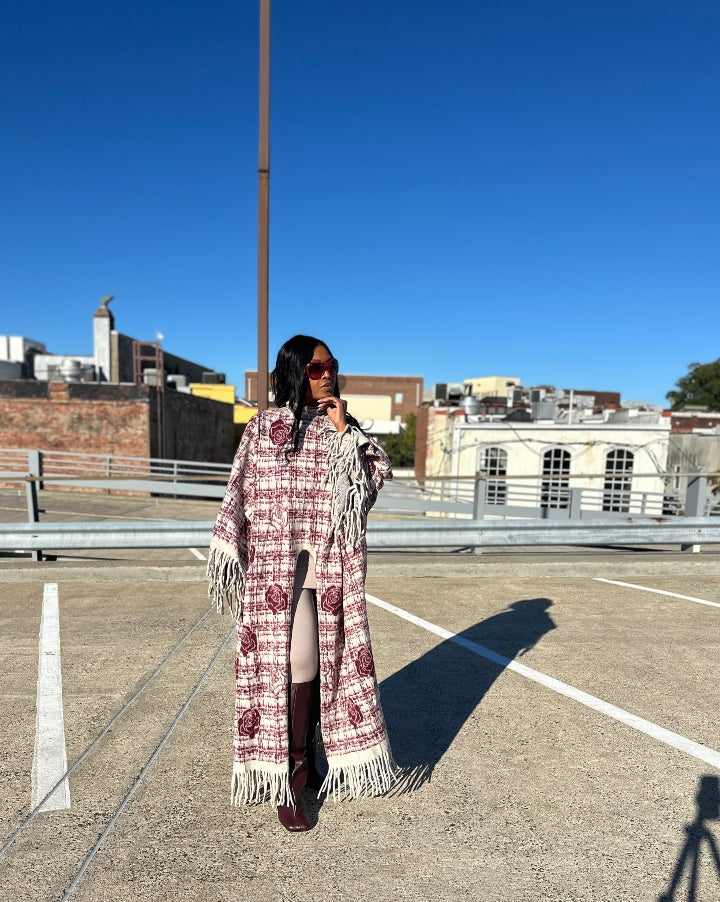 Rich Auntie Winter Fine As Wine Split Kimono Coat - Burgundy Cream Blend Ships 10/30