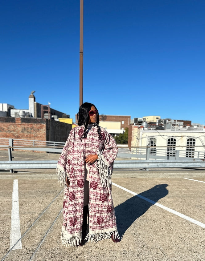 Rich Auntie Winter Fine As Wine Split Kimono Coat - Burgundy Cream Blend Ships 10/30