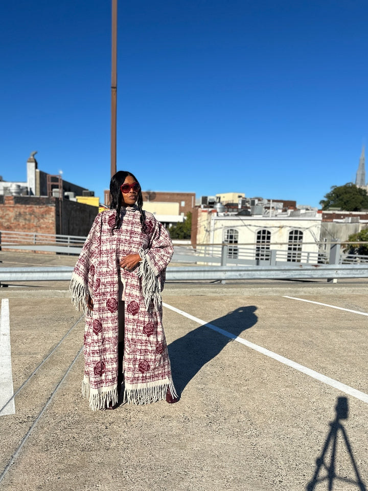 Rich Auntie Winter Fine As Wine Split Kimono Coat - Burgundy Cream Blend Ships 10/30