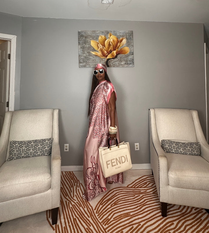 Vacation Vibes Kaftan Maxi Dress with Matching Scarf  -  Pink Green Cream Blend