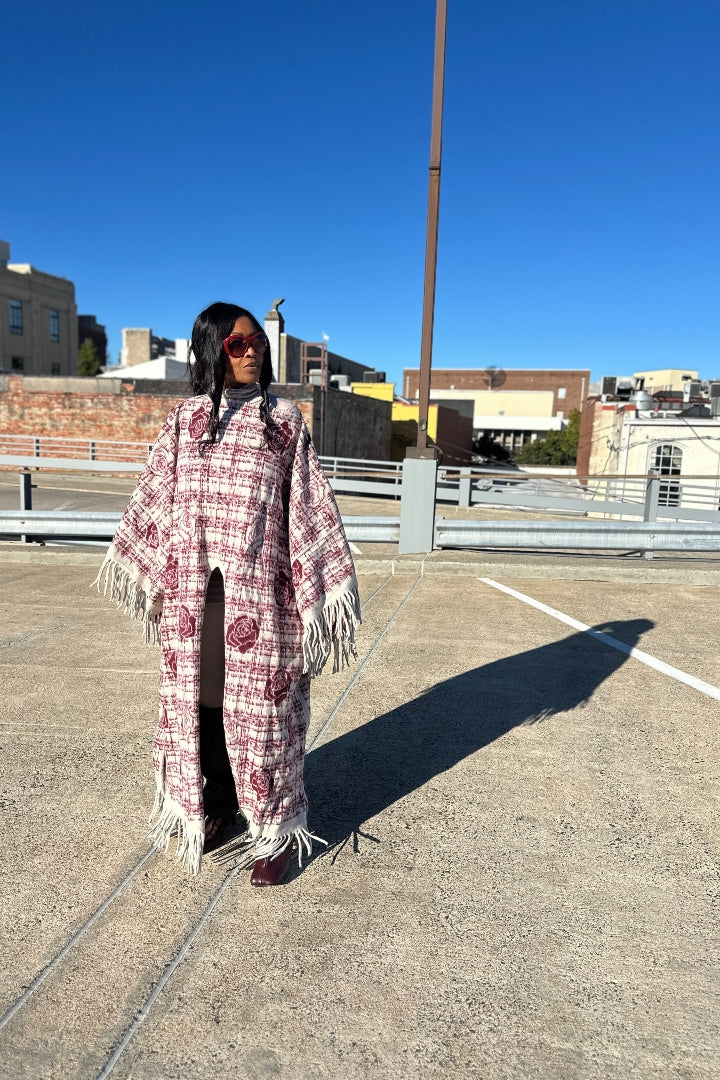 Rich Auntie Winter Fine As Wine Split Kimono Coat - Burgundy Cream Blend Ships 10/30