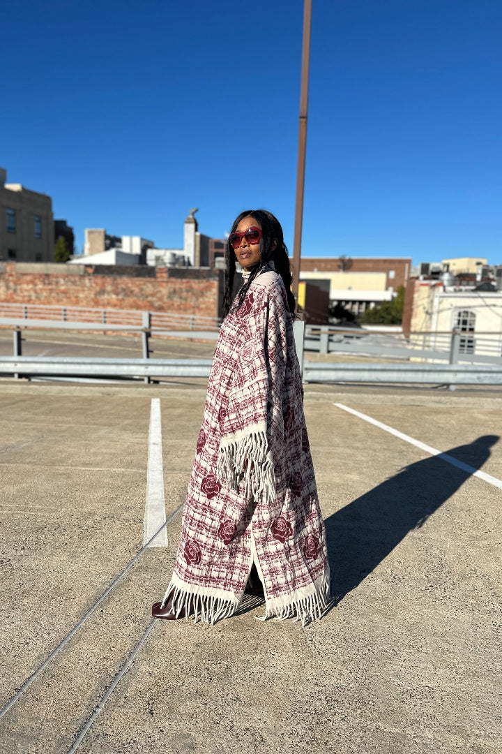 Rich Auntie Winter Fine As Wine Split Kimono Coat - Burgundy Cream Blend Ships 10/30