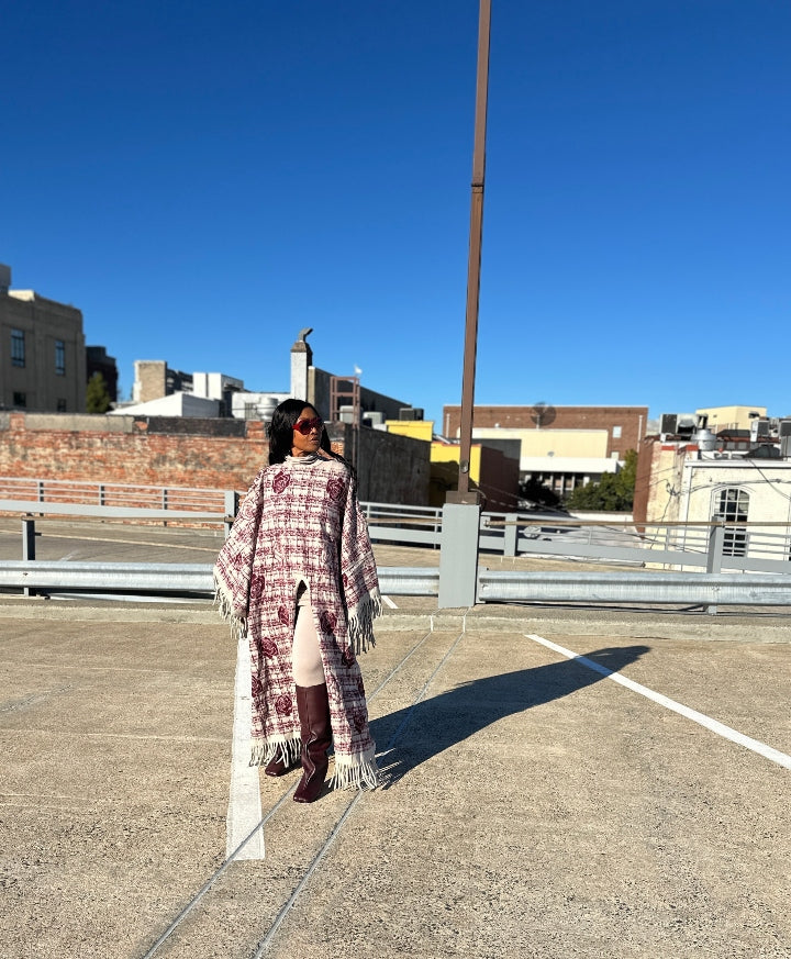 Rich Auntie Winter Fine As Wine Split Kimono Coat - Burgundy Cream Blend Ships 10/30